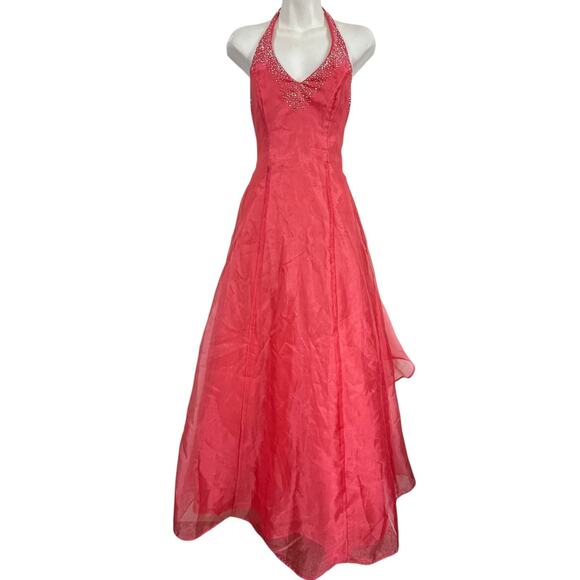 Blondie Nites 90s Y2K Organza Halter V-Neck Formal Prom Corset Back Dress 3 XS S - Picture 1 of 15